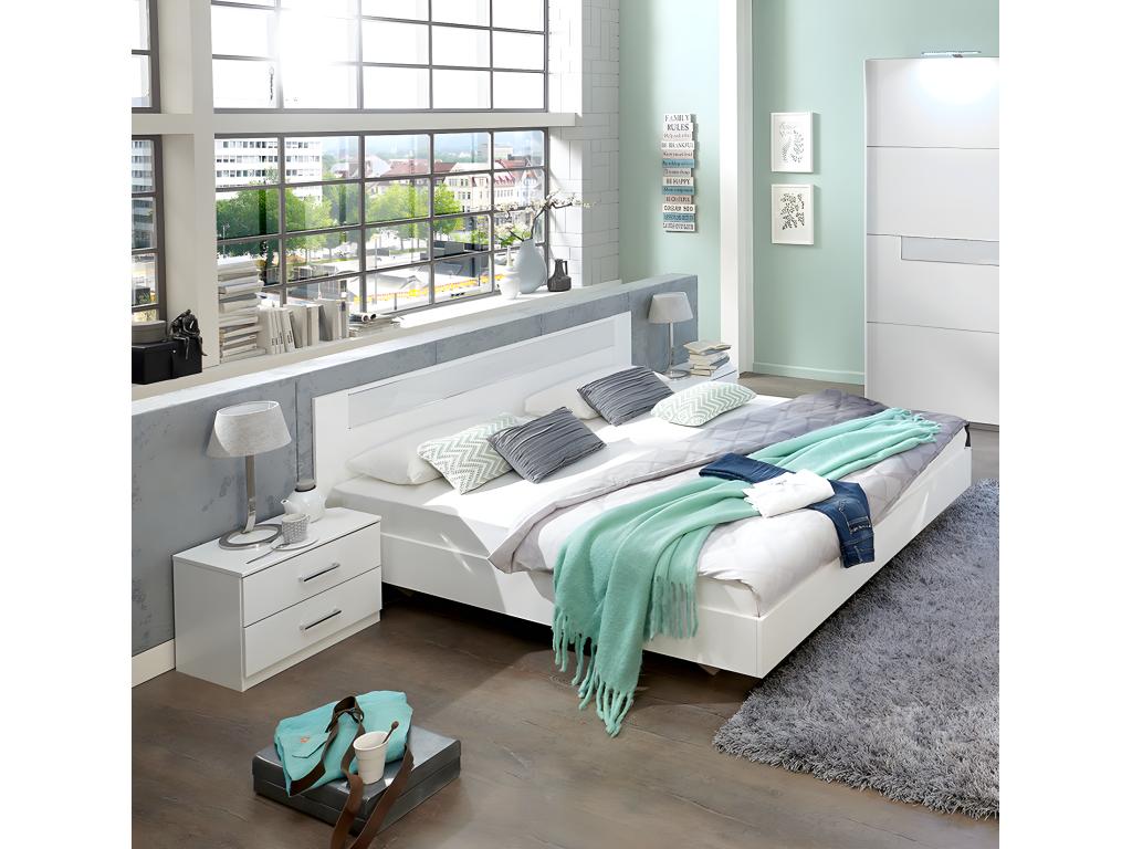 Lit adulte avec 2 chevets coloris blanc rechampis verre blanc Boisona - Dim 180x200 cm DESO90915
