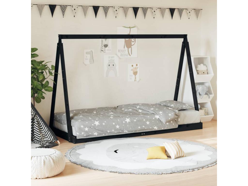 Cadre de lit pour enfants noir 80x200 bois de pin massif ZBFG93423