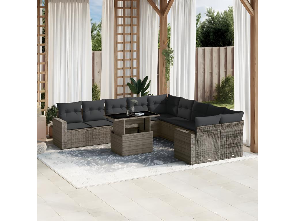 Salon de jardin 11 pièces avec coussins gris résine tressée ARIG71419