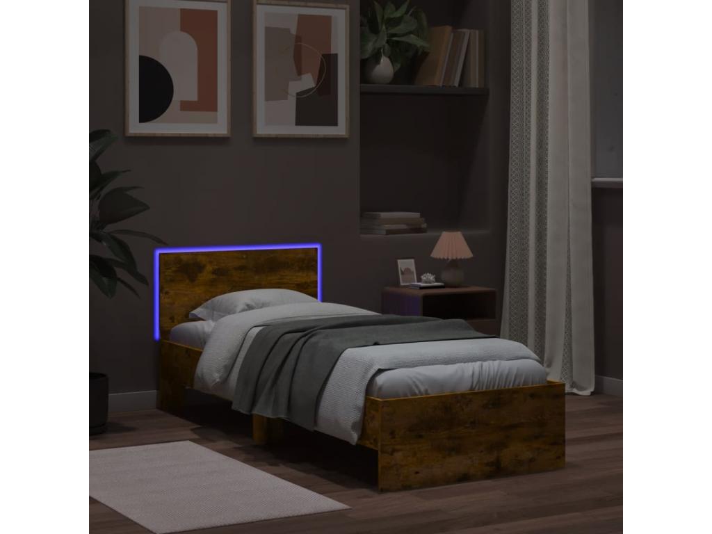 Cadre de lit tête de lit et Boisonaères LED chêne fumé 75x190 cm IYEW68781