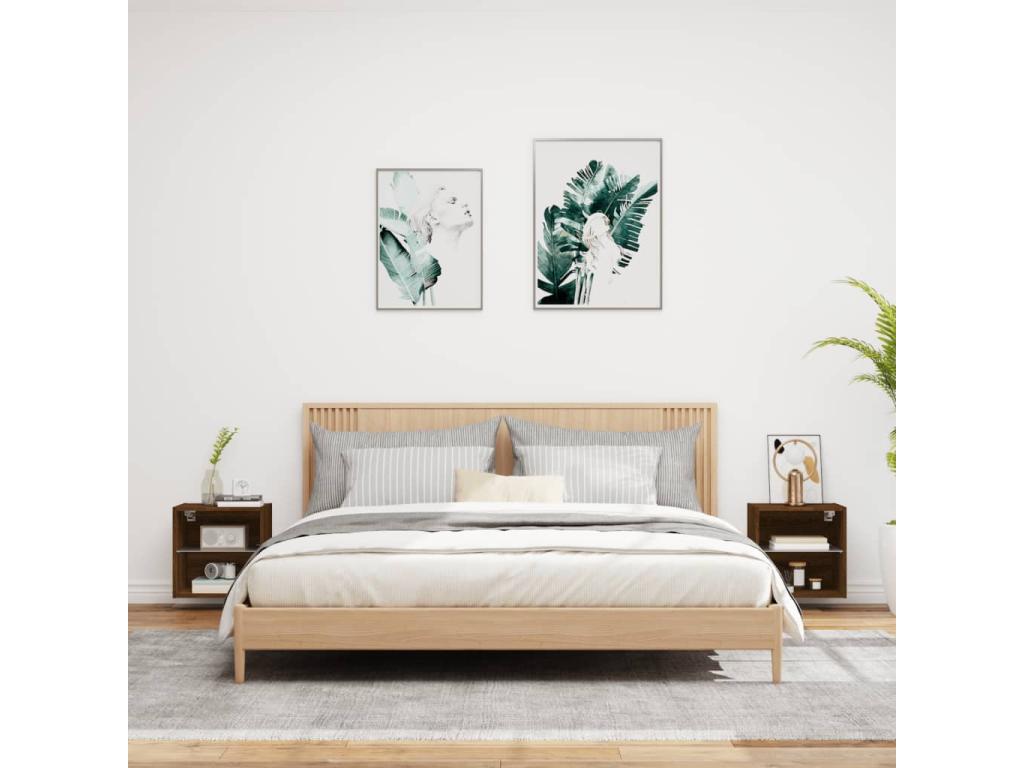 Tables de chevet murales avec Boisonaères LED 2 pièces chêne marron ZUIU10731