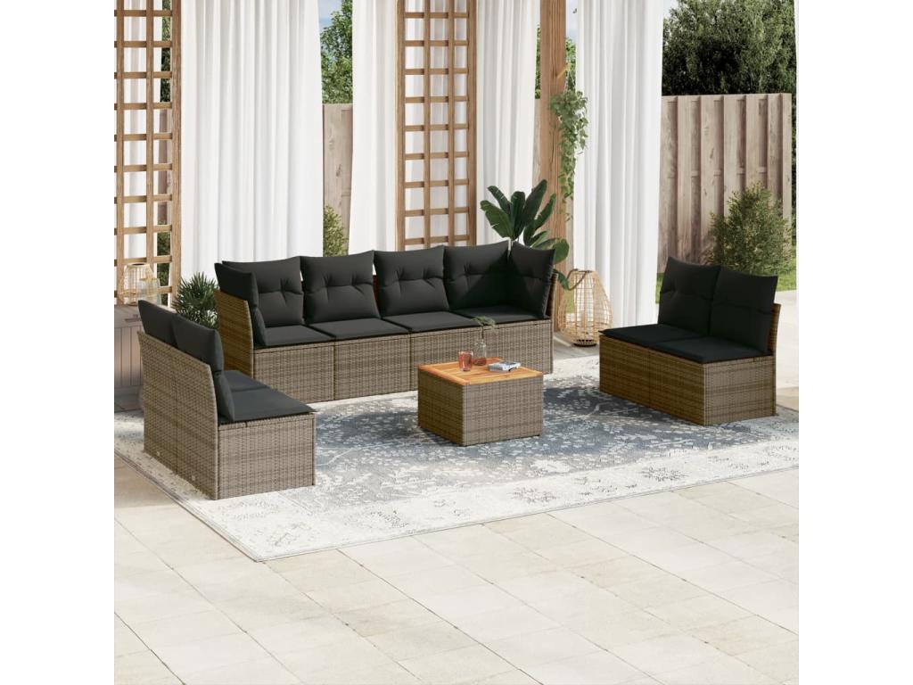 Salon de jardin 9 pcs avec coussins gris résine tressée CVFP84587