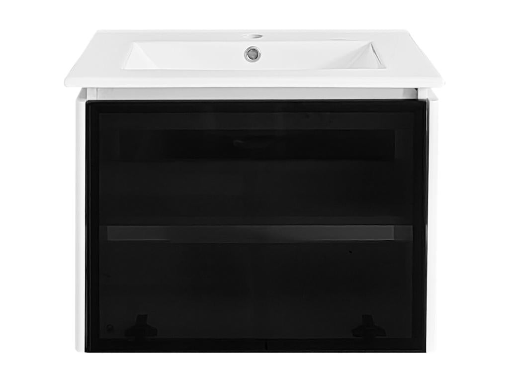 Meuble de salle de bain suspendu avec LED et porte vitrée abattante - vasque en céramique - Blanc / Noir DKNY50904