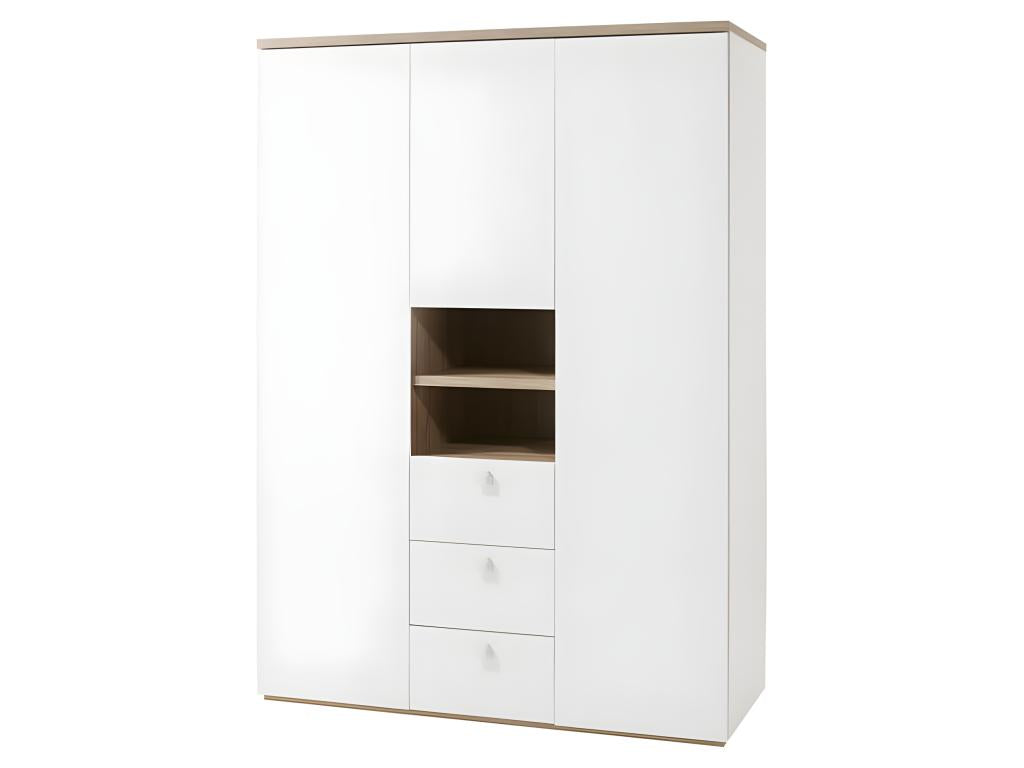 Armoire 3 portes 3 tiroirs 2 niches décor bois blanc laqué - Boisona NCOV12904