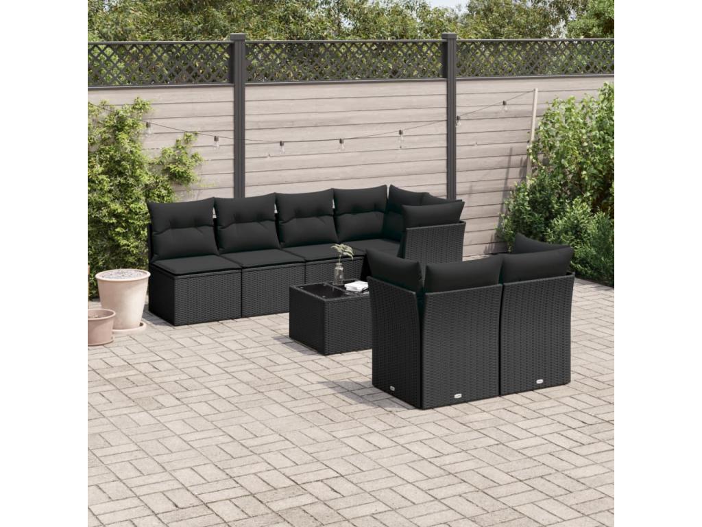 Salon de jardin 8 pièces avec coussins noir résine tressée PUYK94806