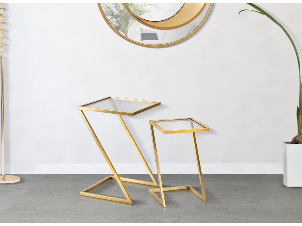 Tables basses Z - Lot de 2 tables basses en métal doré et verre fumé - Dimensions 40x40x60 cm et 30x30x50 cm - Design géométrique et épuré NOBL66005