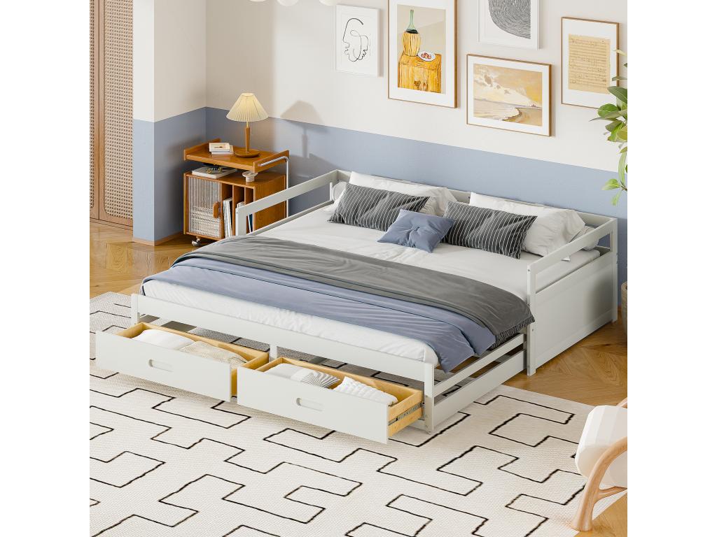 Lit gigogne 90x200 cm avec 2 tiroirs - Bois de pin - sommier à Boisona - blanc XBOC81148
