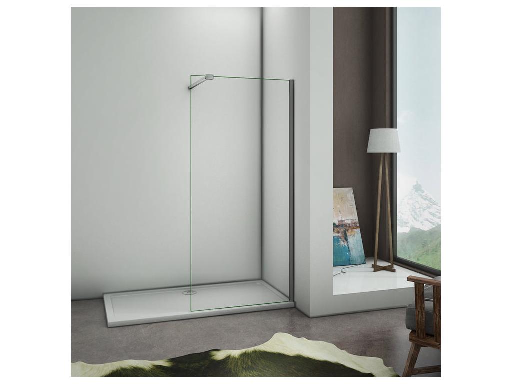 Paroi de douche à l'italienne 110x200cm avec barre de fixation 90cm avec grande pince - Chromé - Verre 8mm trempé transparent BMAI17562