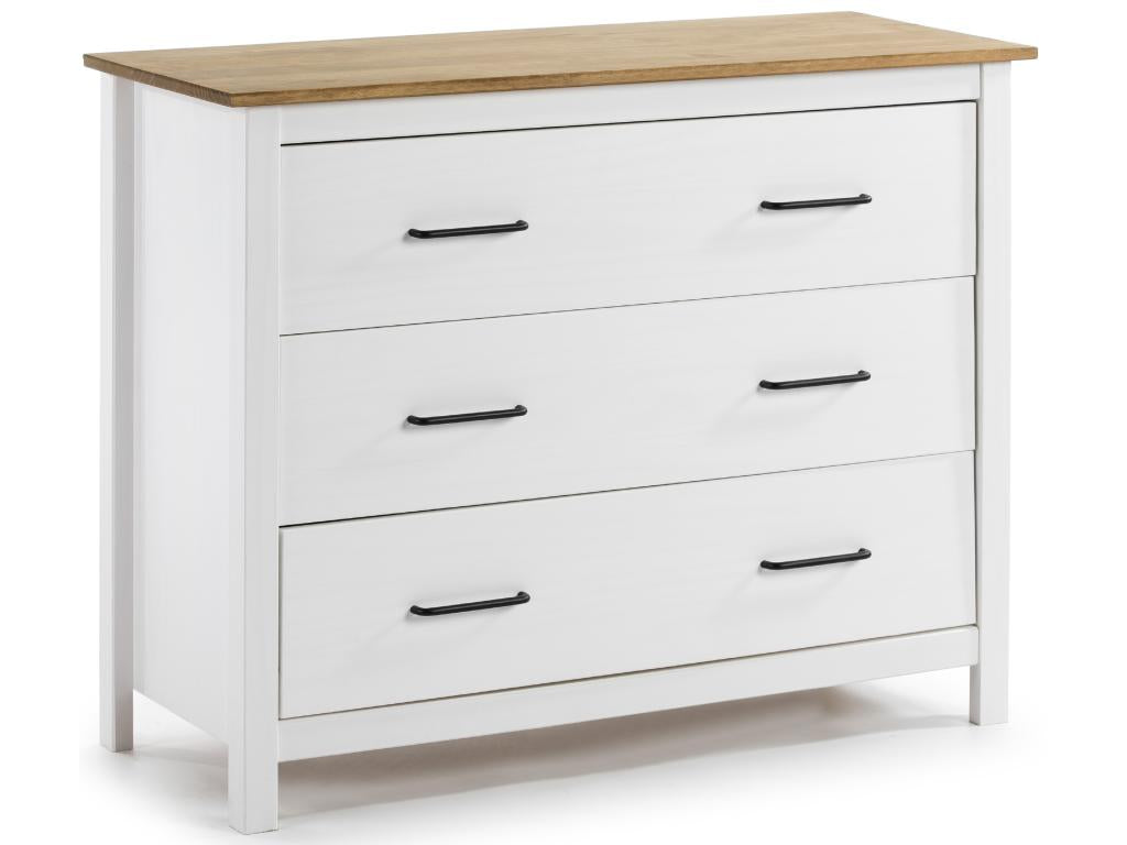 Commode en pin massif décor ciré blanc et chêne meuble de rangement - Longueur 100 x Profondeur 40 x Hauteur 80 cm EFIW27186
