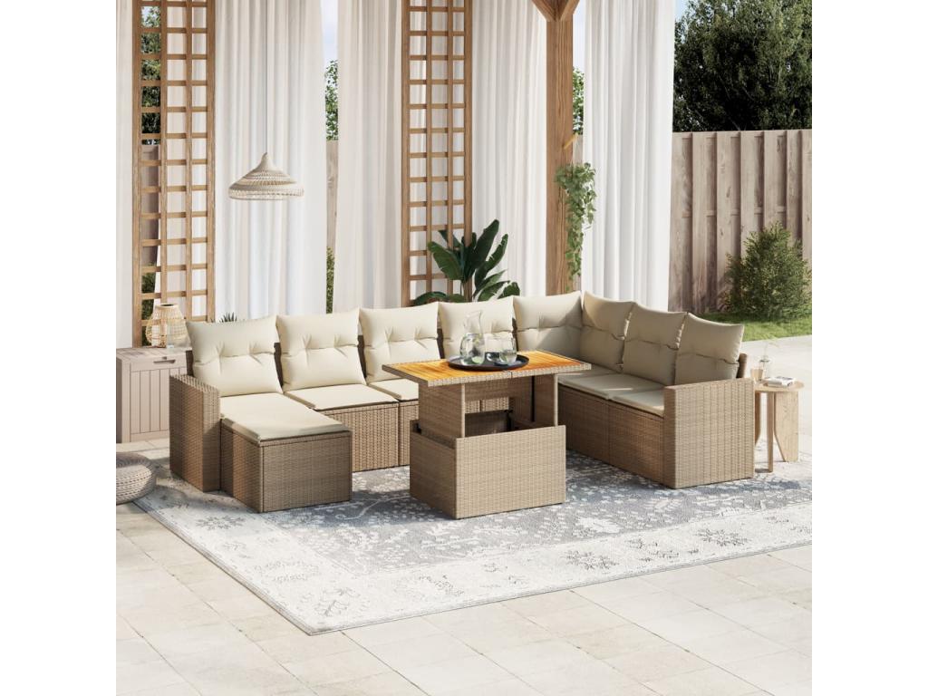 Salon de jardin avec coussins 9 pcs beige résine tressée EJGT58805