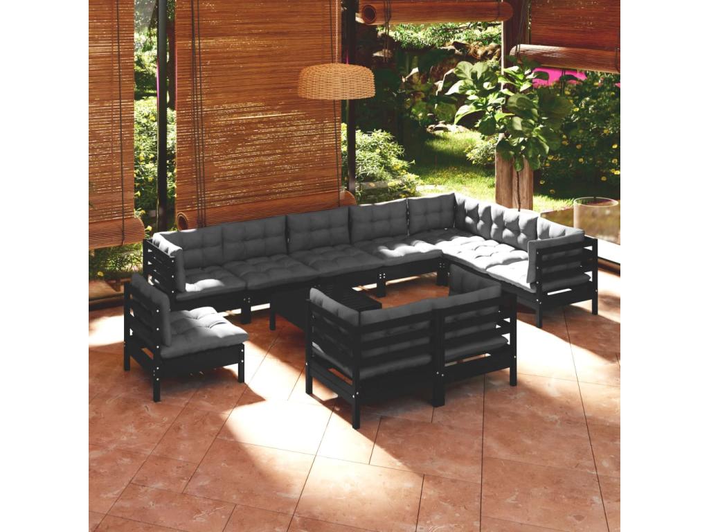 Salon de jardin 11 pcs avec coussins Noir Bois de pin solide KJXI35167