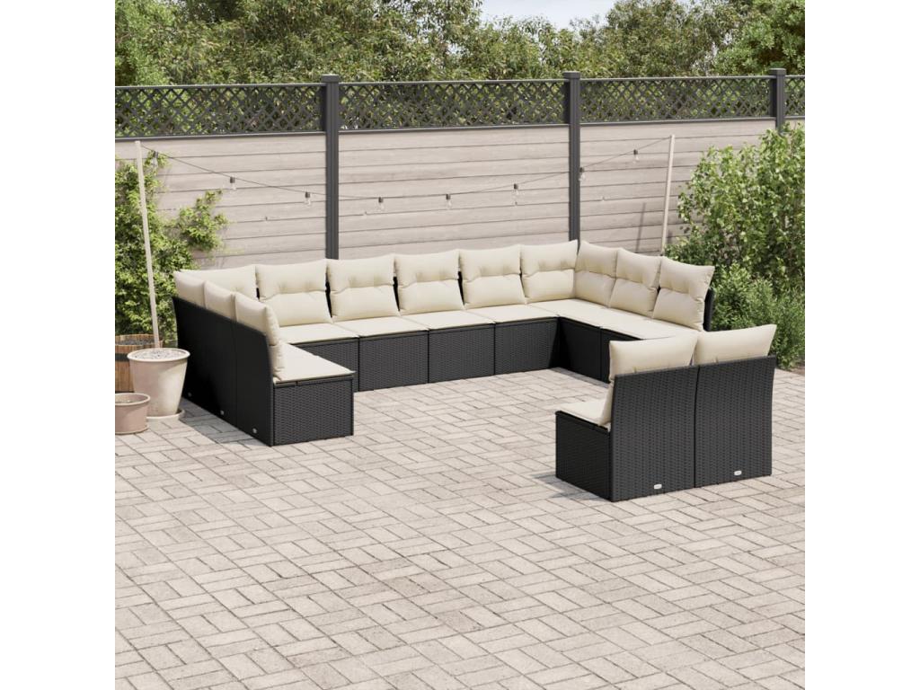 Salon de jardin 12 pièces avec coussins noir résine tressée ZGHY37667