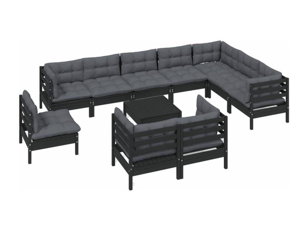 Salon de jardin 11 pcs avec coussins Noir Bois de pin solide KJXI35167