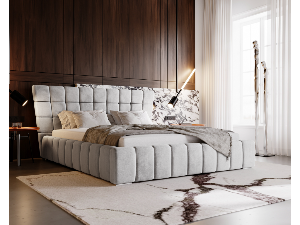 Lit en velours gris, 160 x 200 cm