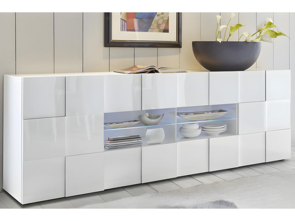 Buffet 2 portes 4 tiroirs Laqué Blanc brillant LED's - Boisona JPDU47761