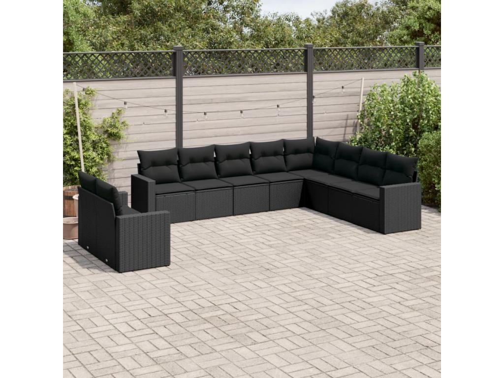 Salon de jardin 10 pcs avec coussins noir résine tressée HKJB55207