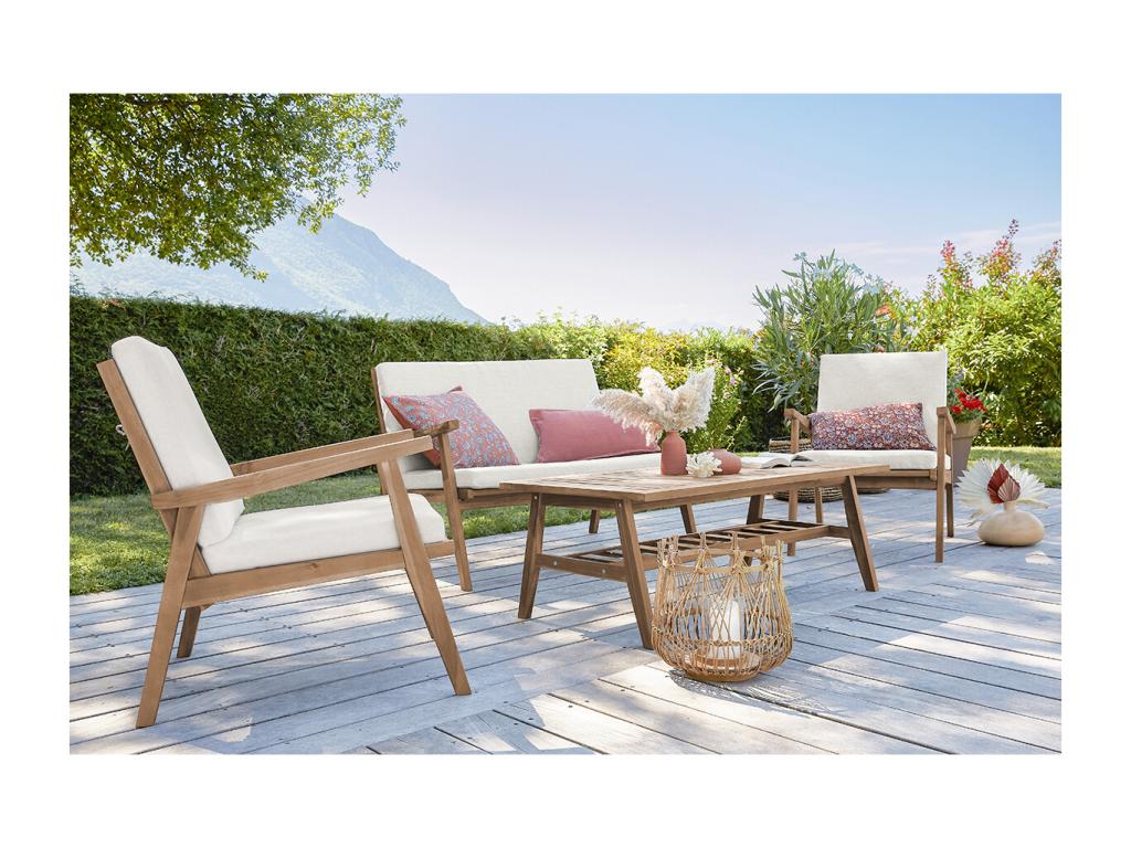 Salon de jardin en bois massif avec coussins déhoussables beige naturel Boisona SNLI42025