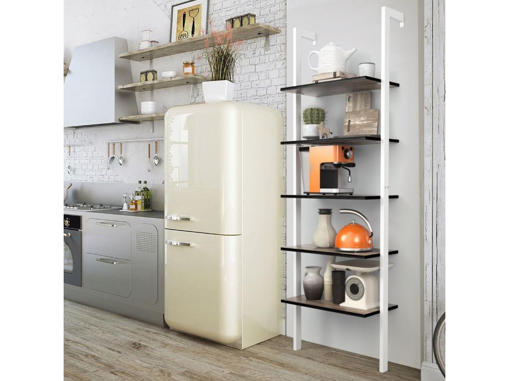 Étagère Échelle Bibliothèque 5 Niveaux avec Cadre Métallique Étagère de Rangement Montage Incliné Style Industriel Blanc Marron INUU76322