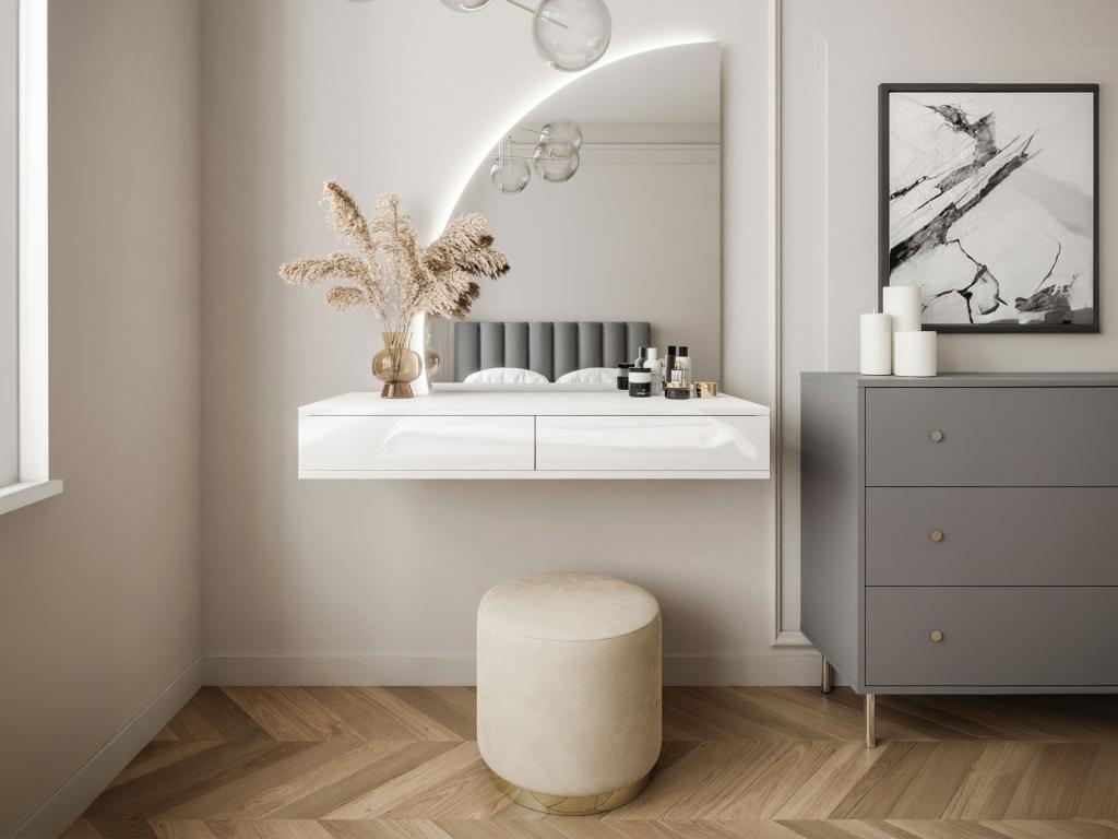 Coiffeuse suspendue avec miroir à LEDs - 2 tiroirs - Blanc brillant - Boisona LCFO43316