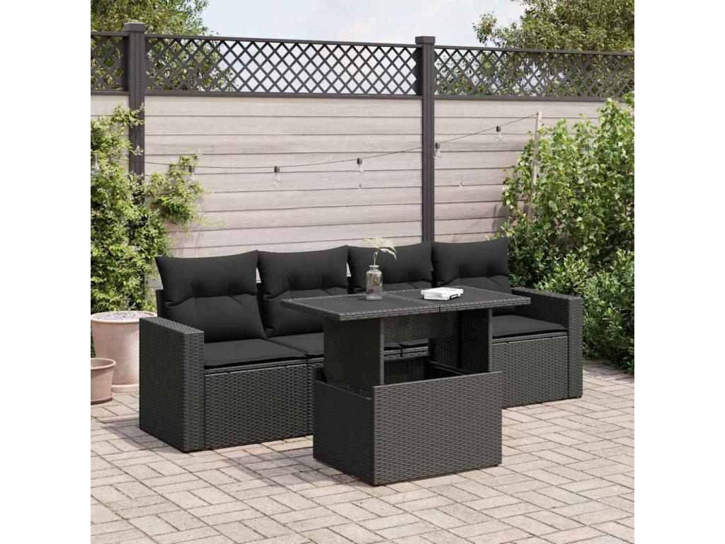 Salon de jardin 5 pièces avec coussins noir résine tressée XXYW43066