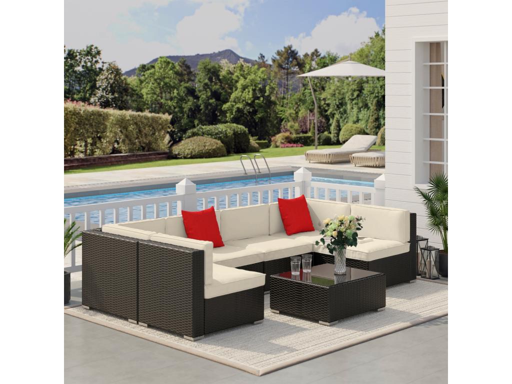Ensemble salon de jardin 7 pièces modulables table basse plateau verre trempé coussins déhoussables inclus résine tressée imitation rotin brun foncé PDMW89997