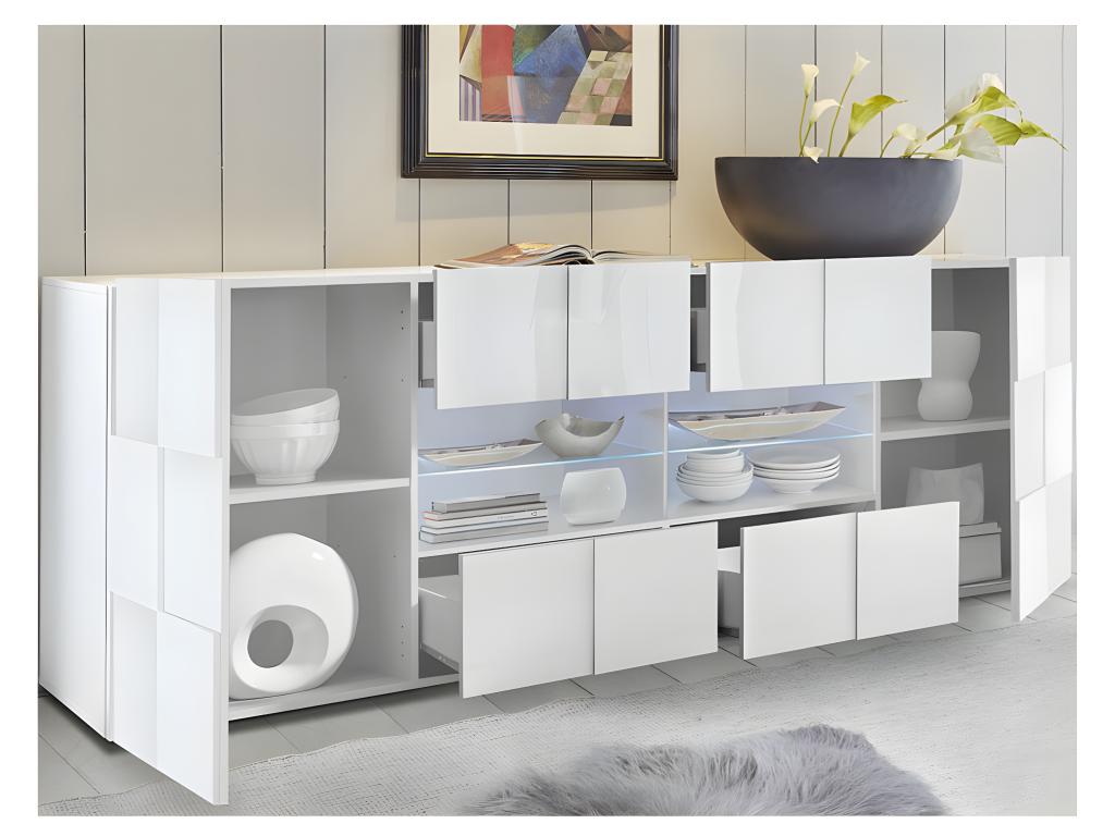 Buffet 2 portes 4 tiroirs Laqué Blanc brillant LED's - Boisona JPDU47761