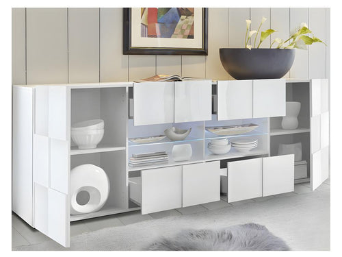 Buffet 2 portes 4 tiroirs Laqué Blanc brillant LED's - Boisona JPDU47761