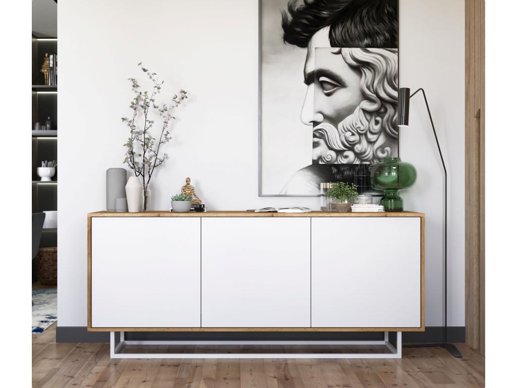 Commode avec 3 portes - carcasse chêne Boisona façades blanc mat - 168 cm cadre métallique CLMJ15217