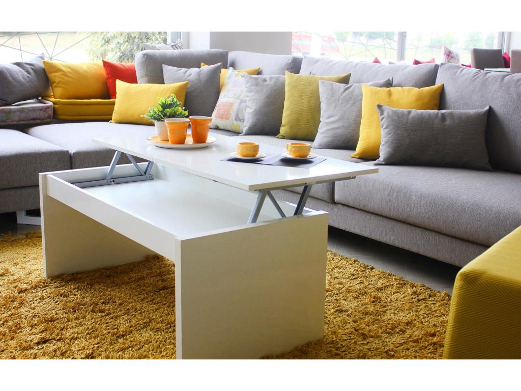 Table basse Boisona Table basse avec plateau relevable Table basse de salon 102x50h43/54 cm Blanc brillant DXVW18221