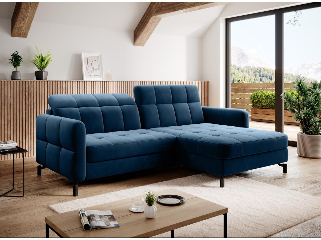Canapé convertible angle droit avec têtières réglables velours matelassé bleu Boisona 225cm DKZT16445