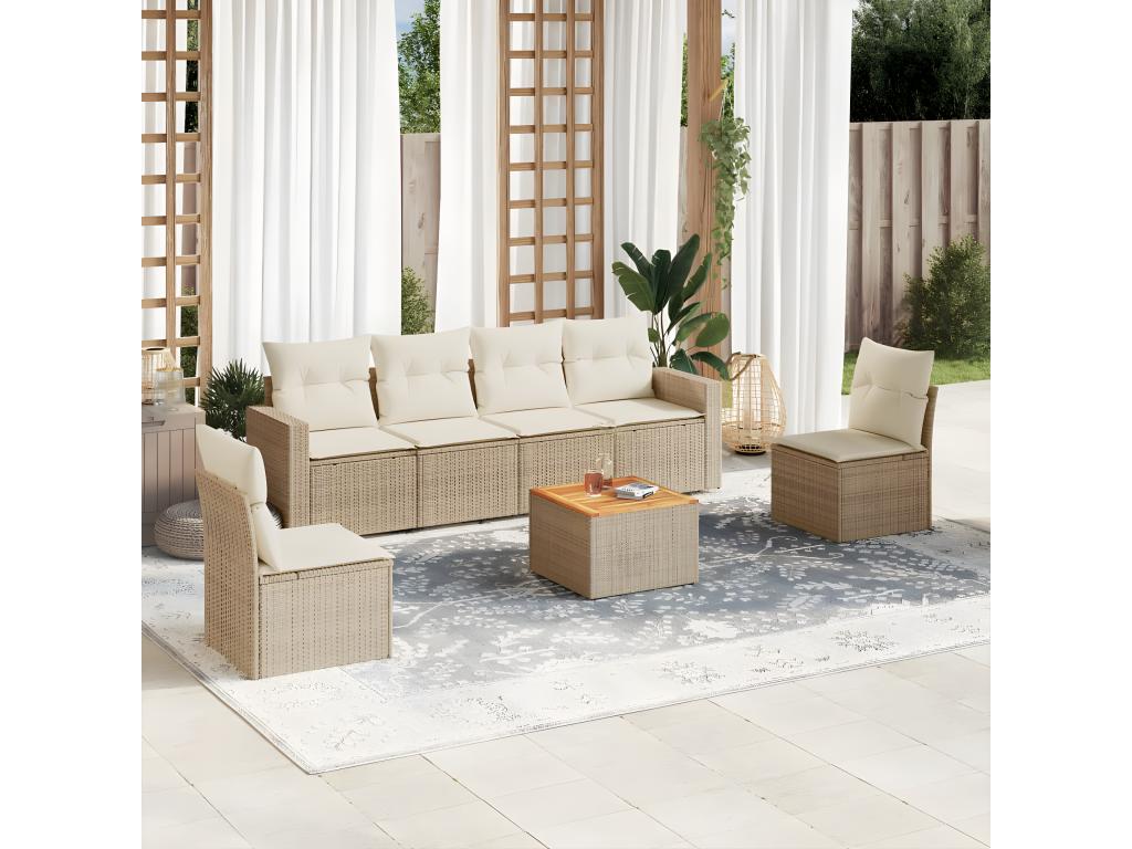 Salon de jardin avec coussins 7 pcs beige résine tressée MJSJ88078