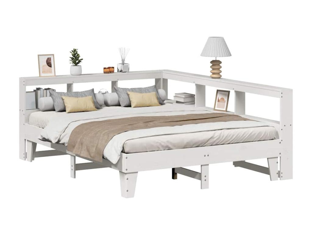 Lit bibliothèque sans matelas blanc 150x200 cm bois pin massif QDRM19915